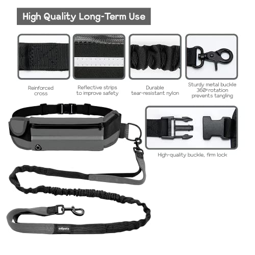 Edipets, Joggingleine Hunde, Freihändig, Laufen, Wandern, Gurtband, Anti-Stress, Reflektierend, 160-220 cm (Grau)