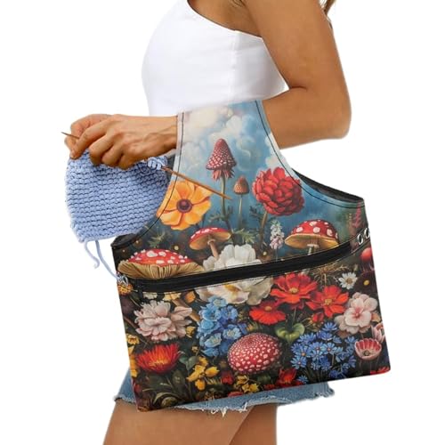 Image of Mushroom knitting Bag Organzier Yarn Bags for Crocheting Hook Organzier Lightweight Knitting Tote Bag Holding Yarn Knitting Needles,Large