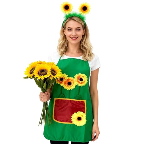 Nidoul Costume de jardinier de carnaval pour homme et femme - Serre-tête de tournesol et poche ventrale - Tablier de jardinier - Costume de carnaval pour les...