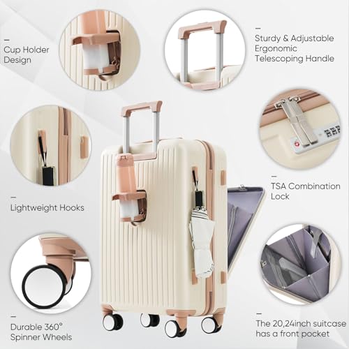 20-Inch Carry-On Luggage Set, ABS Hard Shell Two-Piece Travel Bag with USB Port, Cup Holder, Expandable Hardside Suitcase, Airline Approved Carry-On Spinner (Ivory and Gloden, 20-Inch)4