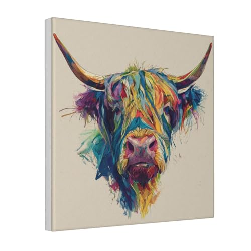 Cuadro de vaca de las Tierras Altas para un salón rústico enmarcado de 30x30 cm Woshuwo