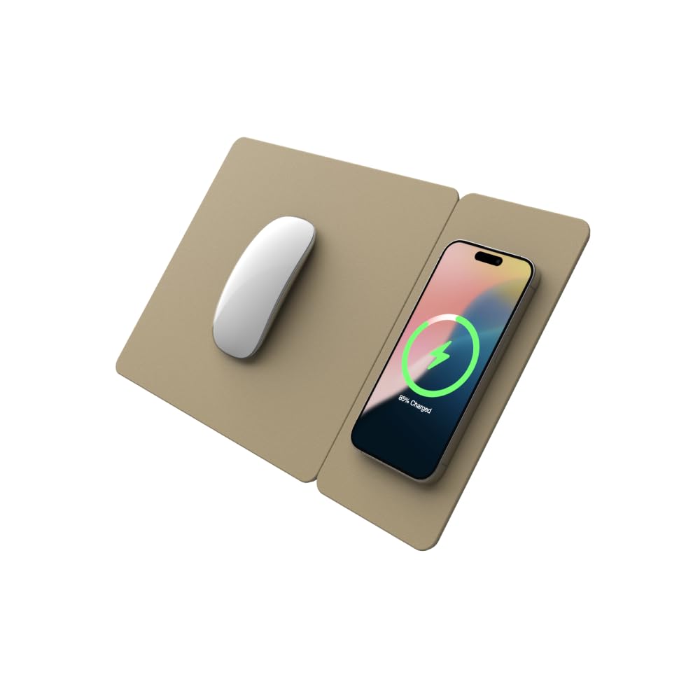POUT H3 Split Wireless Charging Mouse Pad - Fast Qi Wireless Charger Magnetically Attaches to Mousepad Mat- Compatible w/iPhone, Samsung Galaxy, AirPods (Latte Cream)