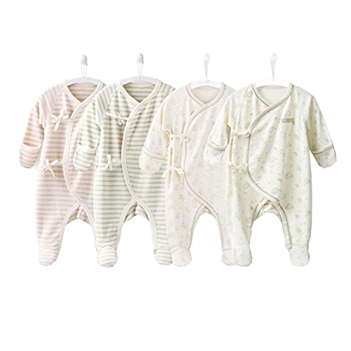 4-Pack Baby Footed Sleeper with Mittens 100% Cotton Allover Cloud Print Side-Belt Baby Pajamas 0-6 Months