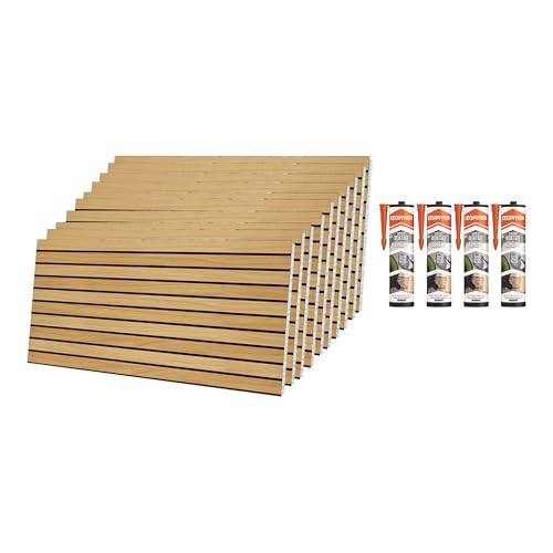 IZODEKOR Wall Cladding Wood Styrofoam 3D Wall Panels - Acoustic Panels Wood Look Wall Decoration for Kitchen, Bathroom, Balcony, Bedroom and Living Room | Light Wood | 10 Pack + 4 x Adhesive Sealant
