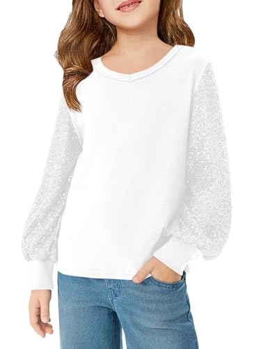 Haloumoning Girls Sequin Shirts Kids Cute Tops Long Sleeve V Neck Blouses for 5-14 Years