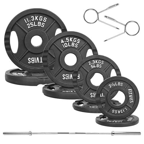 Fitvids 2 Inch Olympic Barbell Weight Plates and Bar Set, 5 FT Barbell Bar and 85 LB(2.5-25 LB...