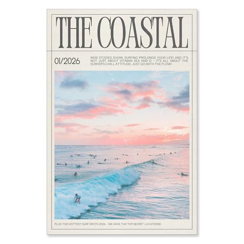 SELF FIND The Coastal Surf Magazine Cover Poster Vintage 2026 Edition Canvas Wall Art Pink And Blue Sunset Waves Prints Painting For Home Bedroom Dorm Wall Decor 16x24in Unframed