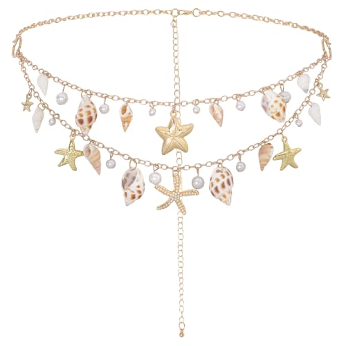 Starfish Seashell Waist Chain for Women Bohemian Shell Belt Adjustable Layered Belly Chains Bikini Jewelry Accessories for Beach Summer Vacation