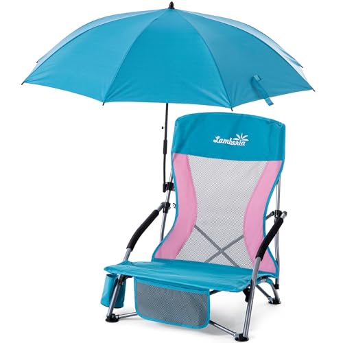 Lamberia Folding Beach Chair with Umbrella for Adults, Portable Low Beach Chairs with 300lbs Capacity, Lightweight Fodable Camping Chair for Travel, Picnic, Concert & Outdoor Activities, Blue-Pink