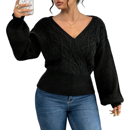Image of ZAFUL Women's V Neck Cable Knit Sweater Long Sleeve Ribbed Crop Tops Wrap Surplice Solid Casual Pullover Jumper