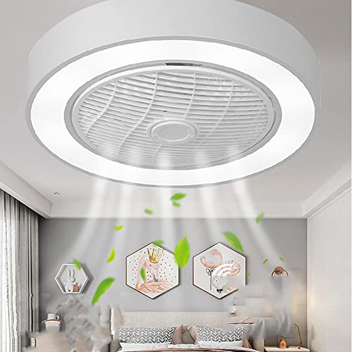 AOISAVIN Flush Mount Enclosed Bladeless Caged Ceiling Fan with Light Mini Small Modern Kids Ceiling Fan with Remote Control Low Profile 72W Invisible Metal Shell Ceiling Fan(White)