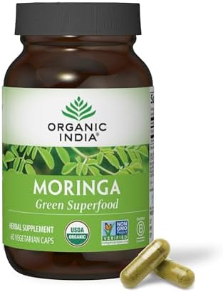 ORGANIC INDIA Moringa Capsules Organic – Moringa Leaf Supplement, Green Superfood Supplement, Pure Supergreen, Vegan Greens, Nature’s Multivitamin, Vegan, Gluten-Free – 60 Capsules