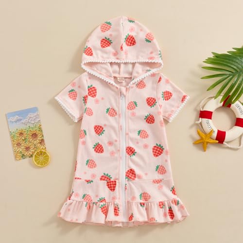 Image of Girls Swim Cover Up Kids Short Sleeve Swimsuit Coverups Terry Zip-Up Hoodies Beach Dress Ruffle Bathing Suit Wraps