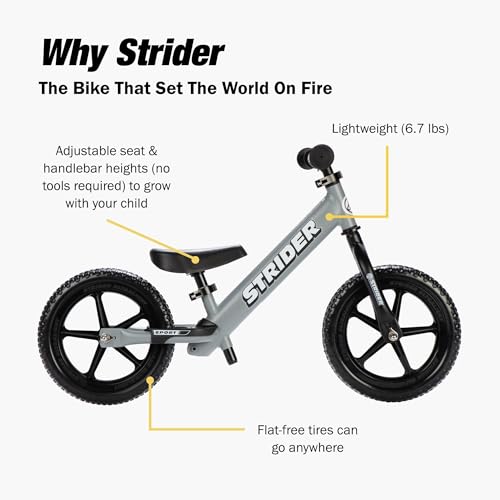 image for Strider 12” Sport Bike, Matte Gray - No Pedal Balance Bicycle for Ki