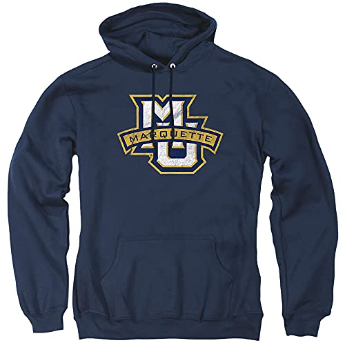 Marquette University Official Distressed Primary Unisex Adult Pull-Over Hoodie,Navy, Large
