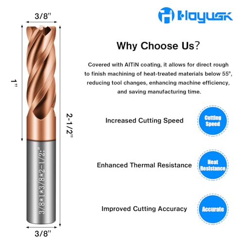 Image of 3 /8 inch Carbide End Mills - 4 Flute Square End Mill with AlTiN Coating, HRC 55 Deg, 4T Tungsten Milling Bits for Stainless Steel, Hardened Steel, Cast Iron, Copper, Alloys & More