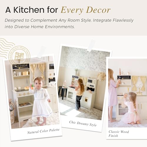 Tiny Land Play Kitchen for Kids, Toy Kitchen Set with Plenty of Play Features, New Modern Kids Wooden Play Kitchen Designed in Trendy Home Style with Curtains, Gift for Ages 3+