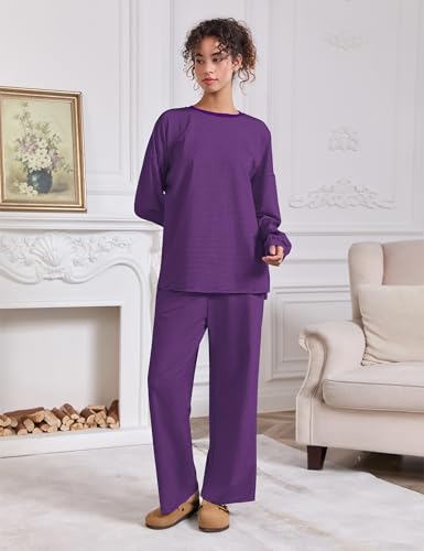 Image of MISSACTIVER Women's 2 Piece Striped Lounge Set Long Sleeve Oversized T-Shirt Wide Leg Pants Matching Pajamas Set