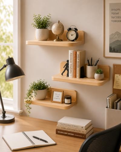 Image of A&A Studio Solid Pine Wood Floating Wall Shelves Set of 3 | 25 x 13 cm Wooden Wall Mounted Shelves | Rustic Shelf for Living Room, Bedroom, Bathroom, Kitchen & Office