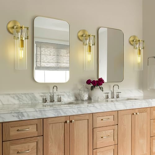 Image of Modern Brass Wall Sconces,15.3'' Hardwired Wall Sconce with Knurled,Farmhouse Indoor Bathroom Sconce,Gold Vanity Lights for Bathroom,Glass Wall Sconce for Living Room,Bedroom,Hallway,Staircases
