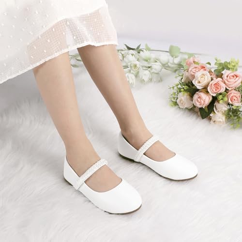 PANDANINJIA Flower Girl Shoes Toddler Little Kid Ballet Flats Pearls Wedding Party Mary Jane Girls Dress Shoes3