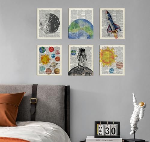 Image of CHDITB Space Exploration Canvas Wall Art, Solar System Wall Decor, Set Of 6 Dictionary Outer Space Poster With Frame Astronaut Wall Art Universe Art Prints For Kids Room Nursery Decor (8x10 Inches)