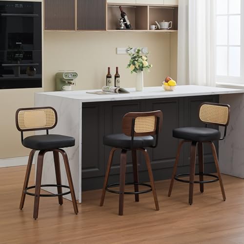 Image of Set of 3 Mid-Century Modern Swivel Bar Stools, 26 inch Kitchen Island Stools with Rattan Back & Bentwood Walnut Legs, Black Faux Leather Counter Stools