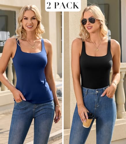 Image of V FOR CITY Non-Padded Shelf Bra Tank Top for Women Cotton Adjustable Wide Strap Camisole Basic Cami Shirts 2 Pack