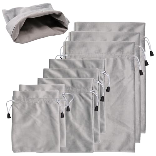 GDFYMI 8 stuks grijze microvezel verstelbare opbergzakken met trekkoord, 3 maten (klein: 14 x 18 cm, medium: 16 x 20 cm, groot: 20 x 30 cm) voor speelgoed, cosmetica, bril, dagelijkse benodigdheden