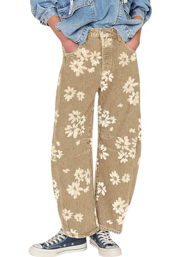 ebossy Women's Retro Floral Print Barrel Jeans Mid Rise Wide Leg Baggy Boyfriend Horseshoe Denim Pants