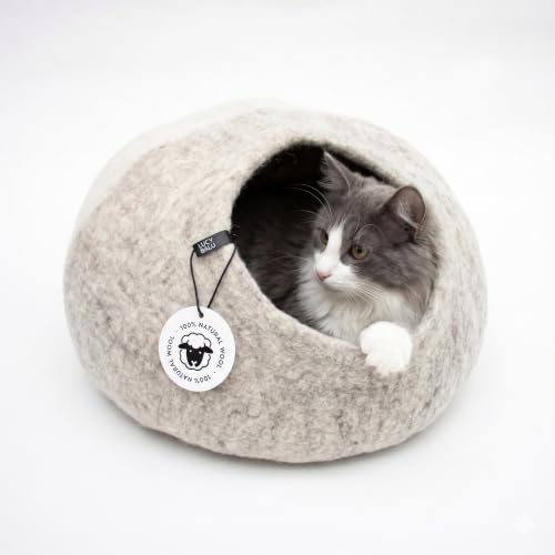 LucyBalu Pebble Filzhöhle für Katzen I Katzenbett & Kuschelhöhle aus 100% Schurwolle I handgefertigt in Nepal I Naturstein-Optik atmungsaktiv & geruchsneutral I Ø 45 cm I Hellgrau/Weiß