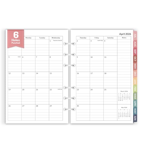 Forvencer 2026 Monthly Planner Refills Apr 2026 - Dec 2027 6-Hole Punched Planner Inserts with Colorful Monthly Tabs Calendar Organizers for A5 6-Ring Binders 5-3/4 x 8-1/4