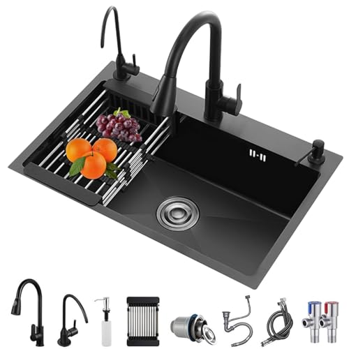 YADZISW Fregadero de cocina empotrado de acero inoxidable, 75 x 45 x 20 cm, con grifo extraíble y lavavajillas integrado. Accesorios Incluidos para Cocinas Modernas.