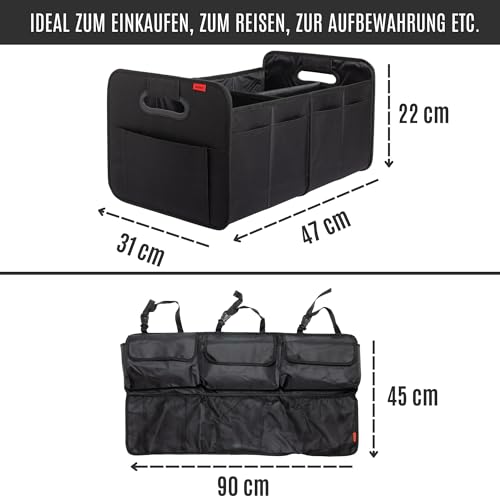 NoGuZ - 2er Set Premium Kofferraumtasche inkl. Organizer (verstärkte Ausführung) - Auto Faltbox 35 Liter & Kofferraum-Tasche für Rückbank mit viel Stauraum - Autotasche faltbar als Aufbewahrungsbox