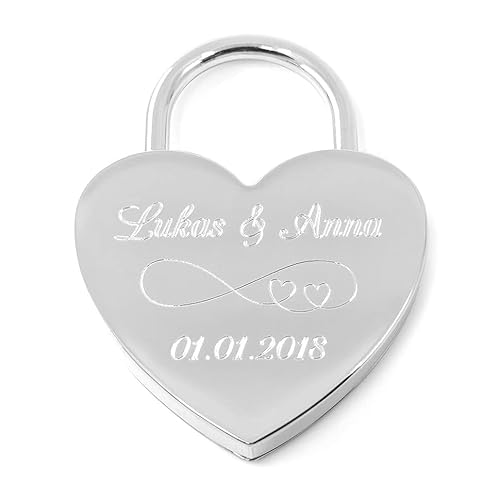 Liebesschloss24 Liebesschloss Herzschloss Silber mit persönlicher Diamant-Gravur 1 Schlüssel Romantisches Geschenk