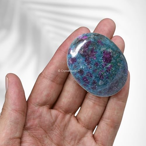 Image of Certified Ruby Kyanite Crystal Palm Pebbles Stones for Anxiety Stress Relief Massage - AAA Grade Original Healing Gemstone Agate Palm Stone for Yoga Meditation Spiritual Reiki Feng Shui