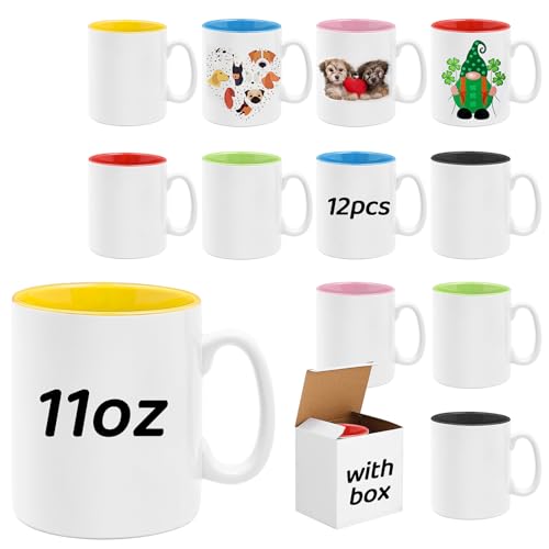 12 Pcs Sublimation Mugs, 11 oz Sublimation Blank Coffee Mugs, White Ceramic Cups with Handle and Colored Inside for Coffee, Tea, Milk, Latte, Hot Cocoa, 6 Colors by ANISION - Used condition - CA$26.73