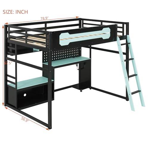 Image of Harper & Bright Designs Full Size Wood Gaming Loft Bed with Desk and Storage Shelves, Modern Low Loft Bed Frame with LED Lights, USB Ports and Pegboard for Kids Teens Adults, Black+Blue