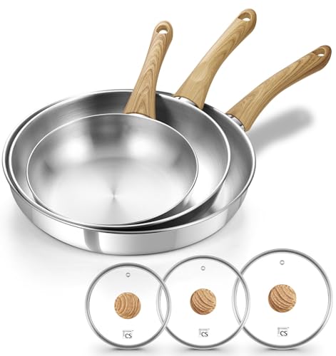 Image of KOCH SYSTEME CS Stainless Steel Frying Pan Set with Lid, 8" & 10" & 12" Stainless Steel Pans Set with Heat-resistant Handle, Triply Base Induction Cooking Pans Set, Fast & Even Heat, Dishwasher Safe