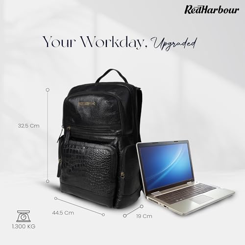 Image of Red Harbour Genuine Leather Laptop Backpack for Men & Women | Office Business Travel Backpack with Spacious Compartments, Side Pockets & Metal Zipper