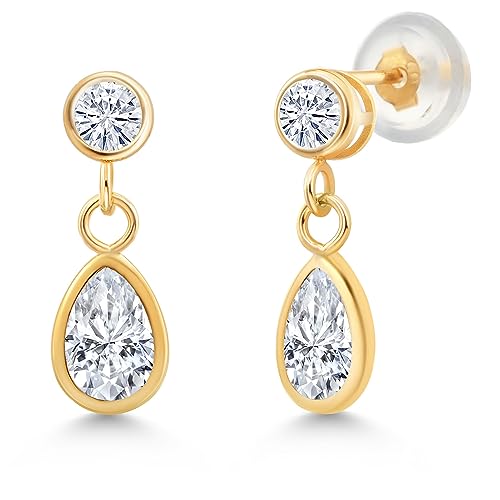 Gem Stone King 14K Yellow Gold White Moissanite Dangle Earrings For Women | 1.00 Cttw | Gemstone Birthstone | Pear Shape 6X4MM and Round 3MM