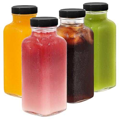 LIMILI Glass Bottles with Lids 4pcs 300ml Reusable Wide Mouth Clear Glass Juice Bottles for Milk Hot Cold Drinks Homemade Beverages (Black - 300ML)
