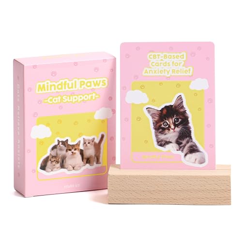 Image of 52 Cat-Themed Affirmation Cards Against Anxiety with Wooden Display Stand - Affirmation Cards for Women - Positive Affirmations Cards for Anxiety Relief, Stress Relief, and Self-Care