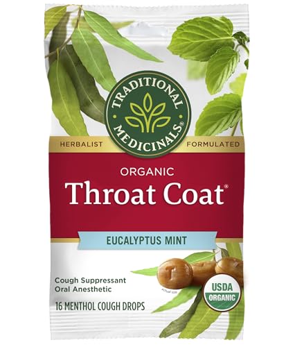 Traditional Medicinals Organic, Throat Coat Lozenges, Eucalyptus Mint with Menthol - Herbal Cough Drops, Helps Soothe Sore Throat & Relieve Cough - Non-GMO, Stimulant-Free - 16 Count