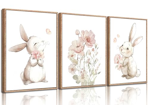 Image of 3 Pcs Easter Pink Bunny Canvas Wall Art Bunny floral watercolor Nursery Painting pictures Wall Decor Cute Rabbit Wildflowers Poster Prints For Boys Girls Playroom Home Nursery Decoration Unframed