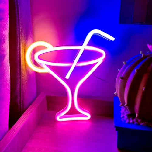 Image of Pink Neon Cocktails Sign, LED Wine Glass Night Light - Dual Powered (Battery & USB) for Wall Decor, Club, Restaurant, Shop