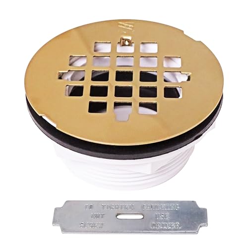 Image of Westbrass A206P-01 2 inch No-Caulk PVC Compression Shower Drain with 4-1 /4 inch Round Grid Cover, Polished Brass