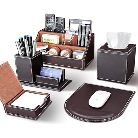 KINGFOM 5PCS Desk Organizer and Accessories Set, Pu Leather Office Supplies with Multifunction Desktop Organizer Storage Box, Tissue Holder, Mouse Pad, Note Paper Holder, Pencil Holder for Desk Brown Cover