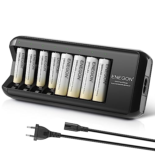 ENEGON Cargador de Pilas(8 Ranuras) con 4 Pilas Recargables AA de 1100mAh y 4 Pilas Recargables AAA de 2800mAh, Cargador de Pilas Recargables AA y AAA, Cargador rápido para Pilas AA/AAA NI-Mh.