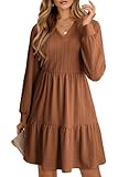 Dokotoo Chocolate Brown Fall Clothes Dresses for Women 2025 Casual Long Sleeve V Neck Textured Mini Dress Going Out Ruffle A-Line Swing Empire Waist Tiered Babydoll Flowy Dress Comfy Outfits X-Large